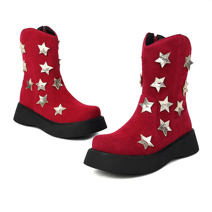 Star Shaped Patchwork Zipper Round Toe Low Platform Ankle Boots