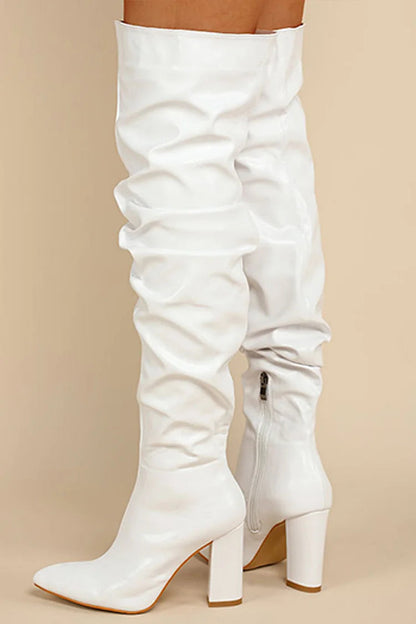 Pointed Toe Chunky Heel Zipper Solid Plain Over The Knee Boots