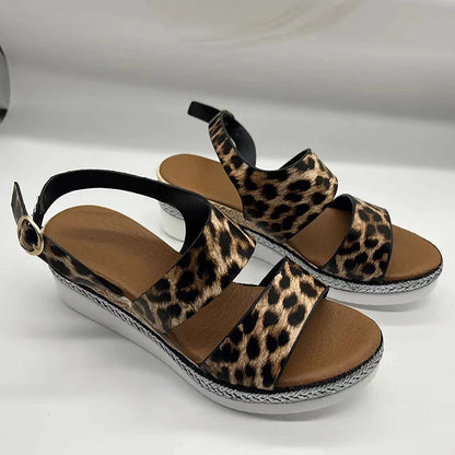 Leopard Print Openwork Slingback Strap Buckle Wedge Espadrille Sandals