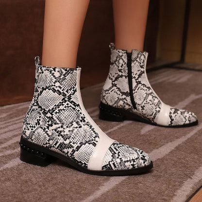 Colorblock Abstract Pattern Patchwork Round Toe Ankle Boots