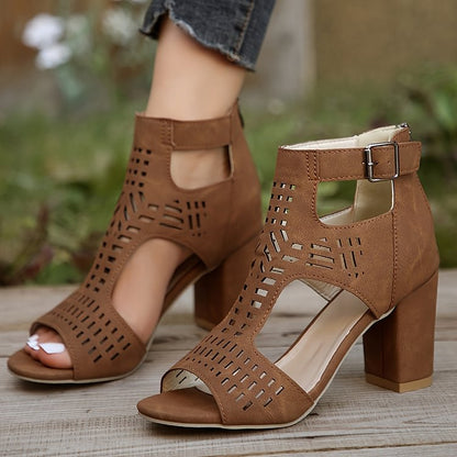 Hollow Out Ankle Strap Peep Toe Buckle Plain Chunky Heels