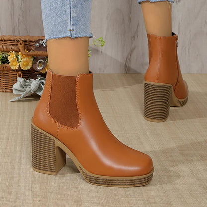 Zipper Patchwork Round Toe Chunky Heel Ankle Boots