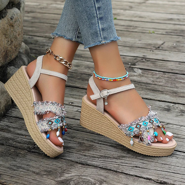 Ethnic Pattern Beaded Pendant Hanging Fringe Ankle Strap Wedge Sandals