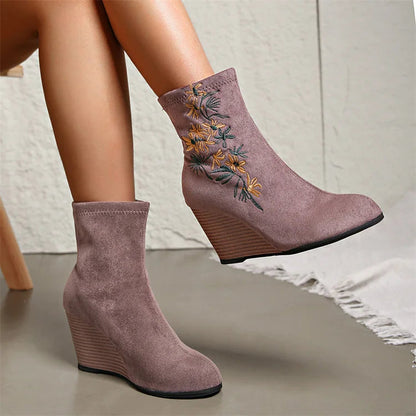 Floral Embroidery Round Toe Wedge Heel Pull On Ankle Boots