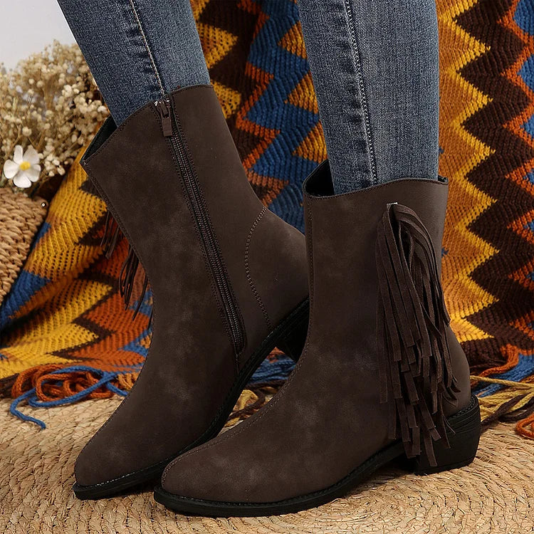 Tassels Decor Solid Color Pointed Toe Chunky Heel Mid Boots