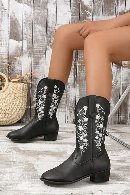 Floral Embroidery Patchwork Round Toe Mid Calf Boots