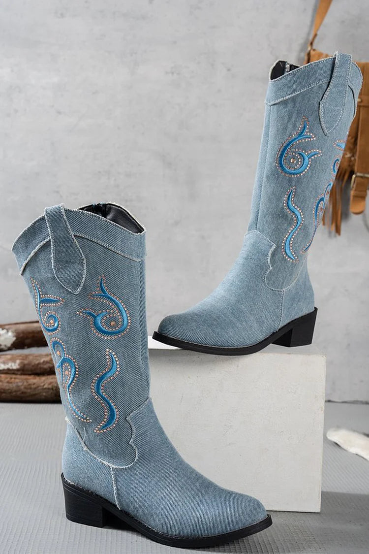 Denim Embroidery Patchwork Zipper Round Toe Chunky Heel Knee High Boots