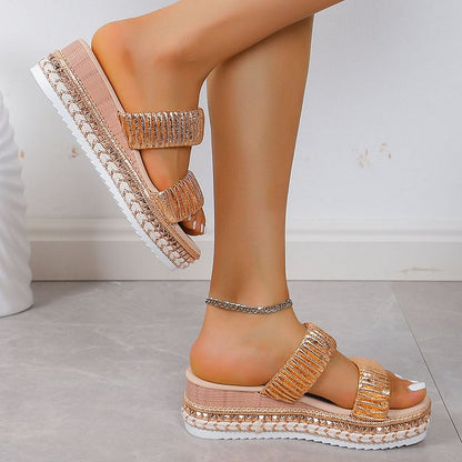 Textured Pleated Design Round Toe Plain Instep Straps Platform Slippers