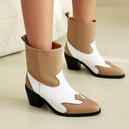 Colorblock Pointed Toe Patchwork Chunky Heel Pull On Ankle Boots