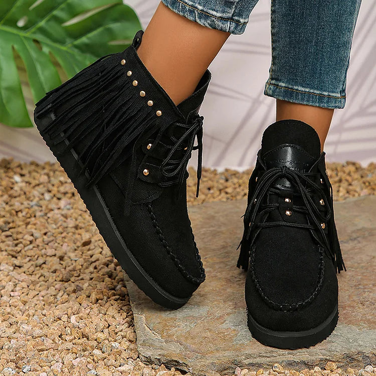 Fringed Trim Round Toe Metal Rivets Lace Up Ankle Boots