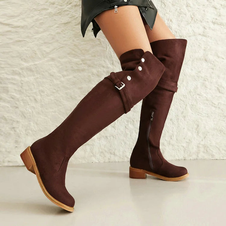 Metal Button Strap Buckle Decor Round Toe Over The Knee Boots