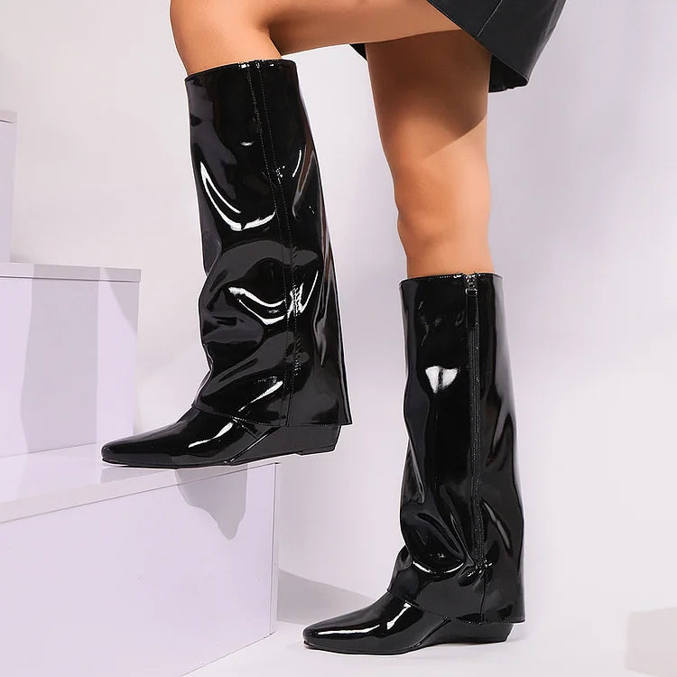 Fold Over Solid Color Pointed Toe Wedge Heel Knee High Boots