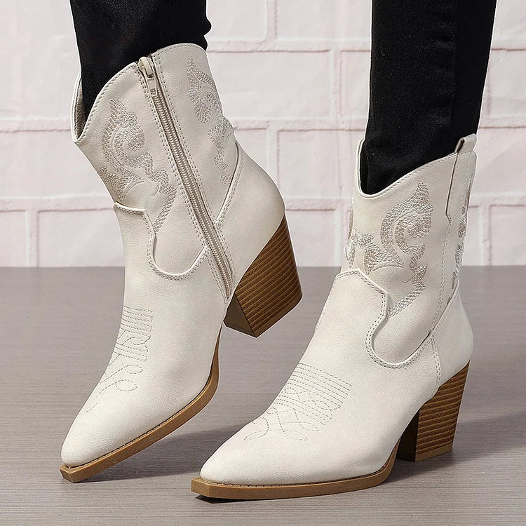 Embroidery Pointed Toe Stitch Detail Patchwork Chunky Heel Ankle Boots