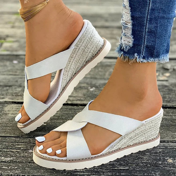 Casual Cross Strap Peep Toe Plain Espadrille Wedge Slippers