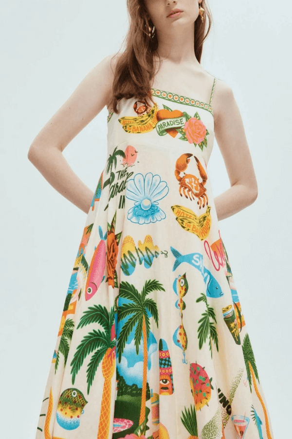 Vestido largo fruncido con estampado único