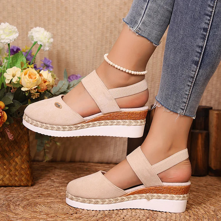 Metal Decor Slingback Strap Closed Toe Plain Espadrille Wedge Sandals