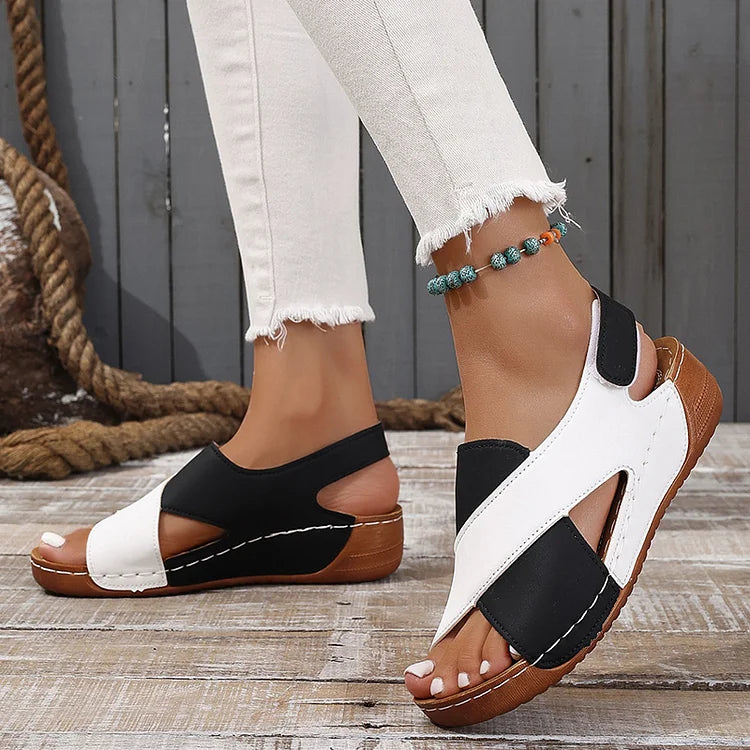 Color Block Cut Out Seam Platform Slingback Strap Magic Stick Closure Sandals