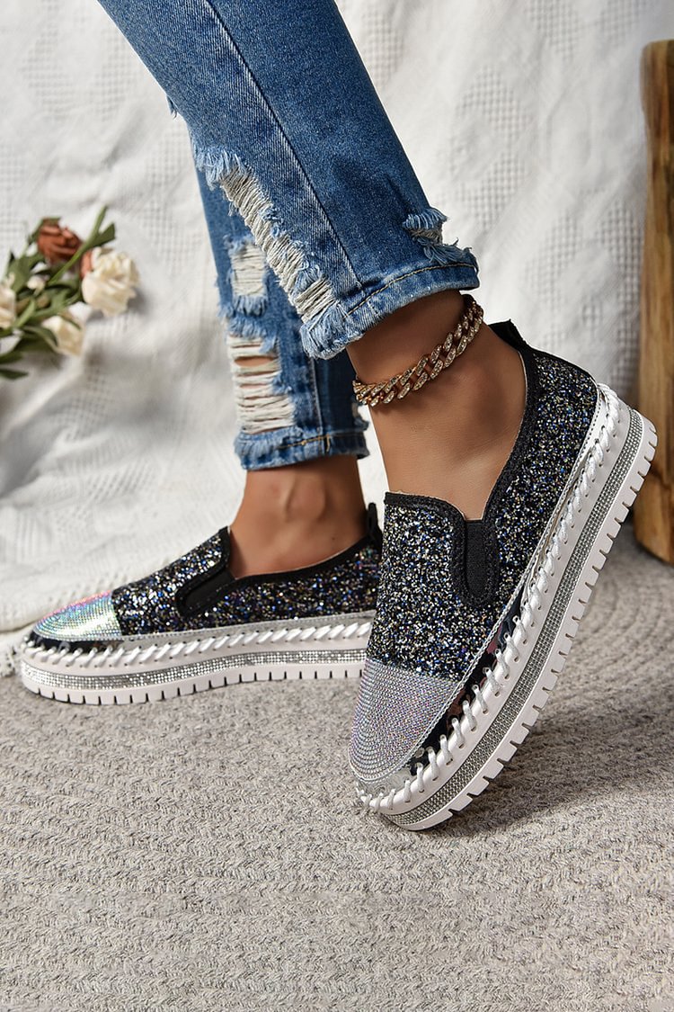 Rhinestone Decor Glittering Stitch Detail Round Toe Loafers