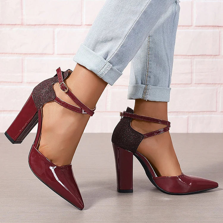 Glitter Patchwork Pointy Toe Cross Ankle Strap Buckle Chunky Heels