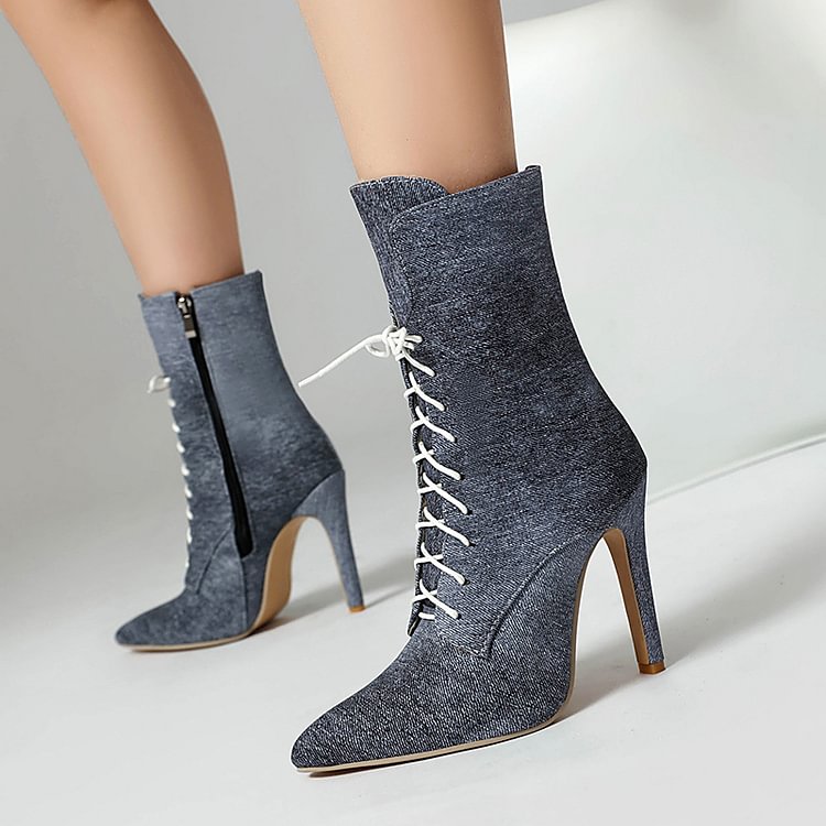 Denim Gradient Color Pointed Toe Stiletto Heel Lace Up Mid Calf Boots