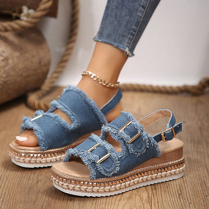 Frayed Raw Trim Buckles Peep Toe Slingback Strap Wedge Denim Sandals