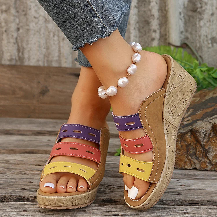 Color Block Quilted Hollow Out Peep Toe Wedge Slippers