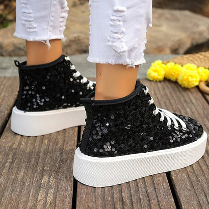 Sequins Decor Round Toe Lace Up Casual High Top Sneakers