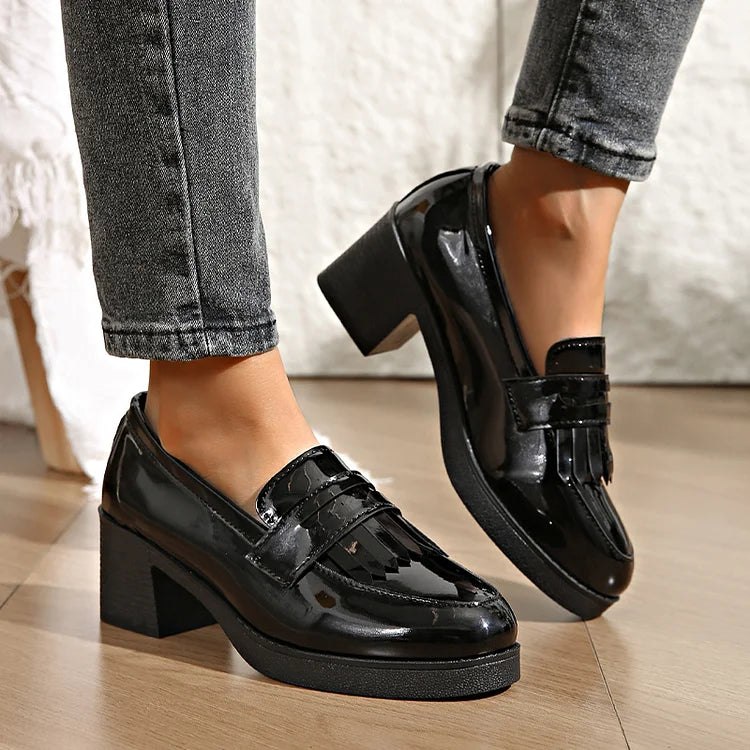 Patchwork Fringed Trim Round Toe Chunky Heel Loafers