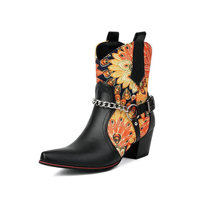 Floral Print Patchwork Chain Decor Pointed Toe Chunky Heel Ankle Boots