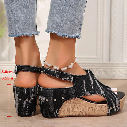 Denim Ripped Rivet Decor Cutout Slingback Strap Platform Wedge Sandals