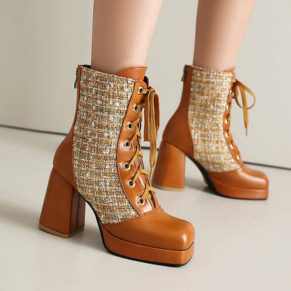 Patchwork Square Toe Chunky Heel Lace Up Mid Calf Boots