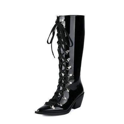 Solid Color Pointed Toe Chunky Heel Lace Up Knee High Boots