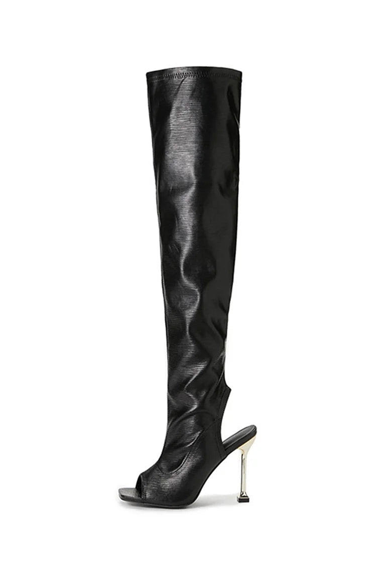 Open Toe Zipper Solid Color Slingback Stiletto Heel Over The Knee Boots