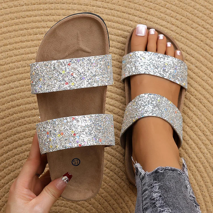 Shimmering Sequin Double Instep Straps Round Toe Soft-Soled Slippers