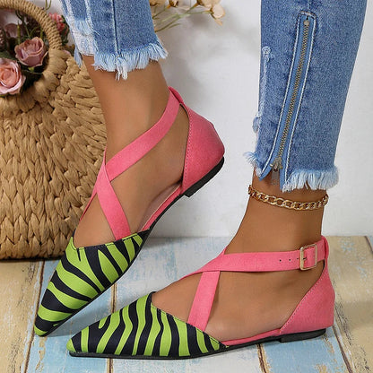 Zebra Print Pointed Toe Colorblock Cross Strap Buckle Flats