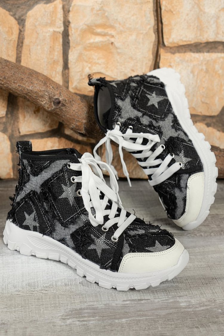 Star Pattern Raw Trim Patchwork Round Toe Lace Up Sneakers