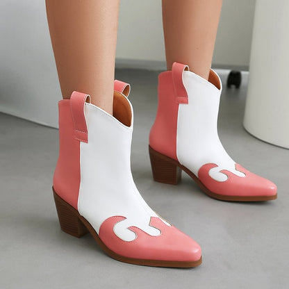 Colorblock Patchwork Pointed Toe Chunky Heel Ankle Boots