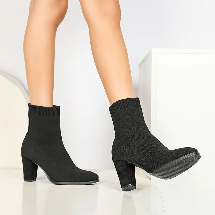 Knitted Solid Color Pointed Toe Chunky Heel Pull On Sock Ankle Boots