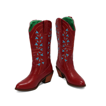 Colorblock Embroidery Patchwork Pointed Toe Chunky Heel Western Boots