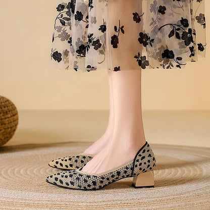 Knit Mesh Color Block Pointed Toe Elegant Chunky Heels
