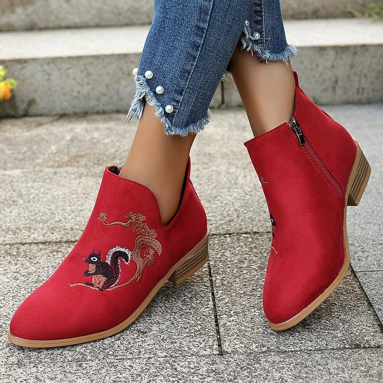 Squirrel Pine Tree Pattern Embroidery Low Block Heels Ankle Boots