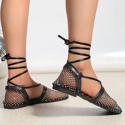 Rhinestone Hollow Out Lace Up Square Toe Plain Chic Sandals