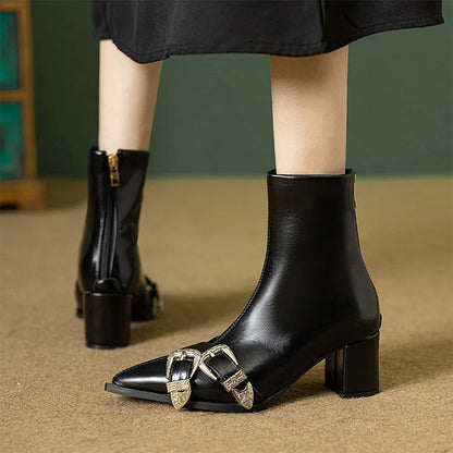 Pointed Toe Two Straps Buckles Decor Chunky Heel Ankle Boots