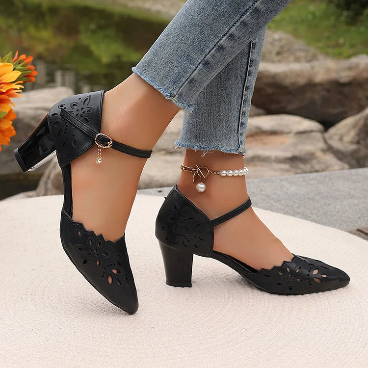 Openwork Design Pointed Toe Ankle Strap Buckle Chunky Heels