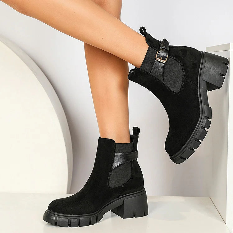 Patchwork Strap Buckle Round Toe Chunky Heel Ankle Boots