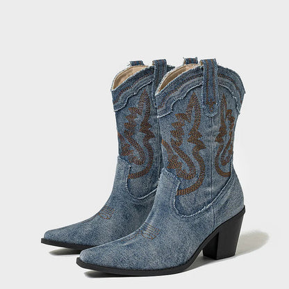 Denim Embroidery Patchwork Pointed Toe Chunky Heel Mid Boots