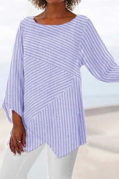 Stripe Print Crew Neck Long Sleeves Blouse