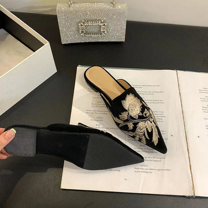 Floral Embroidery Pointed Toe Elegant Velvet Mules