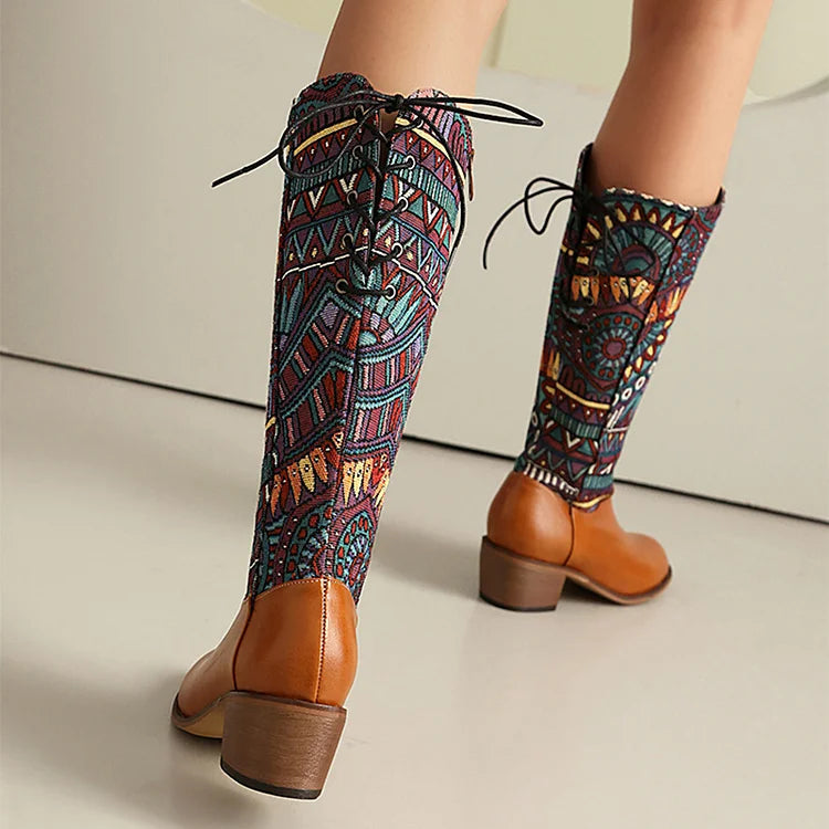 Multicolor Tribal Pattern Patchwork Lace Up Mid Calf Boots