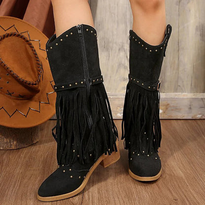 Fringed Trim Metallic Studded Solid Color Chunky Heel Mid Calf Boots